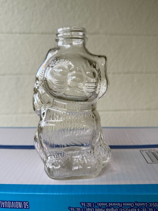 Hannans Beverages Other - Vintage Glass Cat Bottle Figural Kitty Jar Clear Pressed Glass 1970s Farmhouse